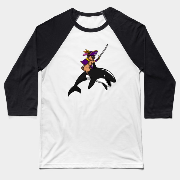 Pug Dog Pirate Riding Orca Whale Baseball T-Shirt by underheaven